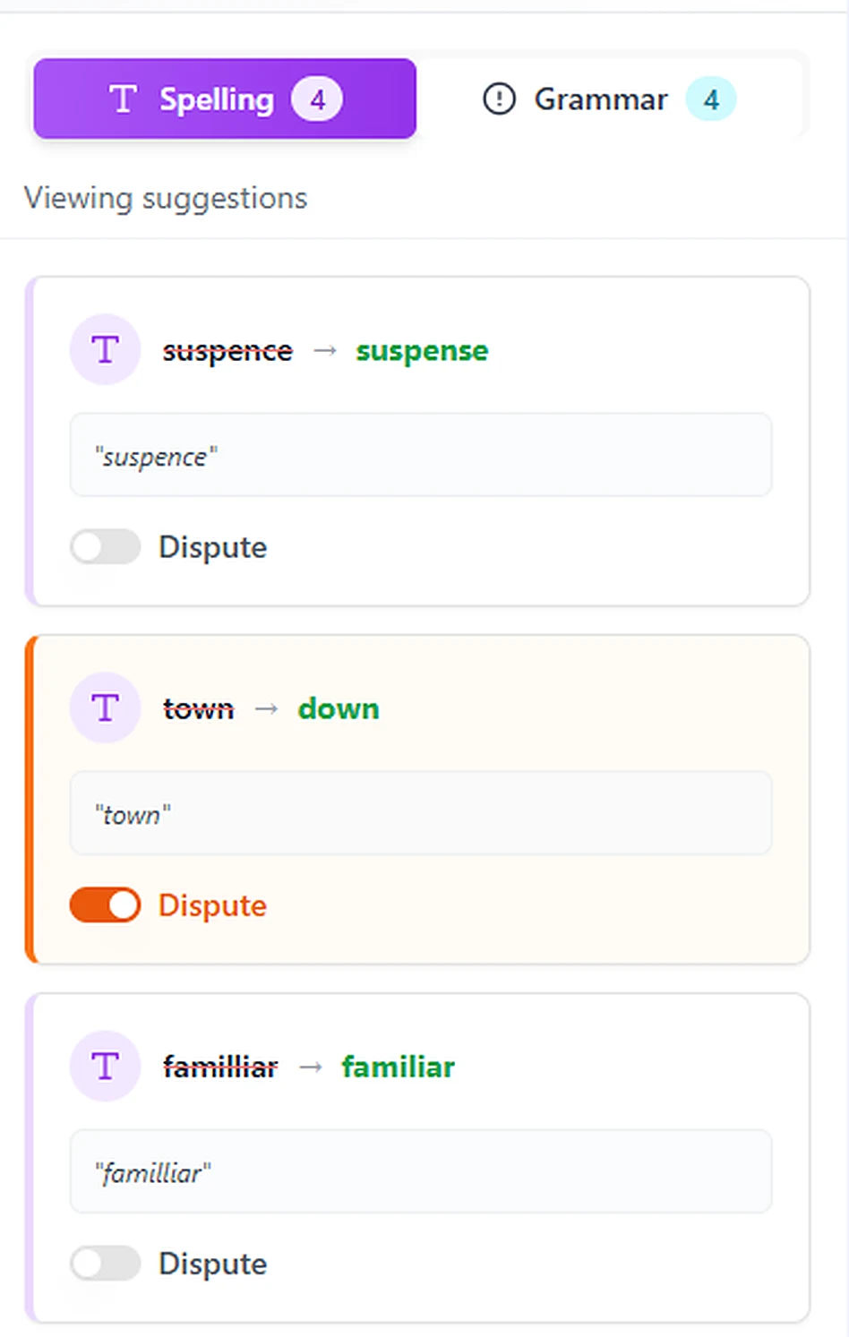 Spelling tab with suggestion cards and a dispute toggle
