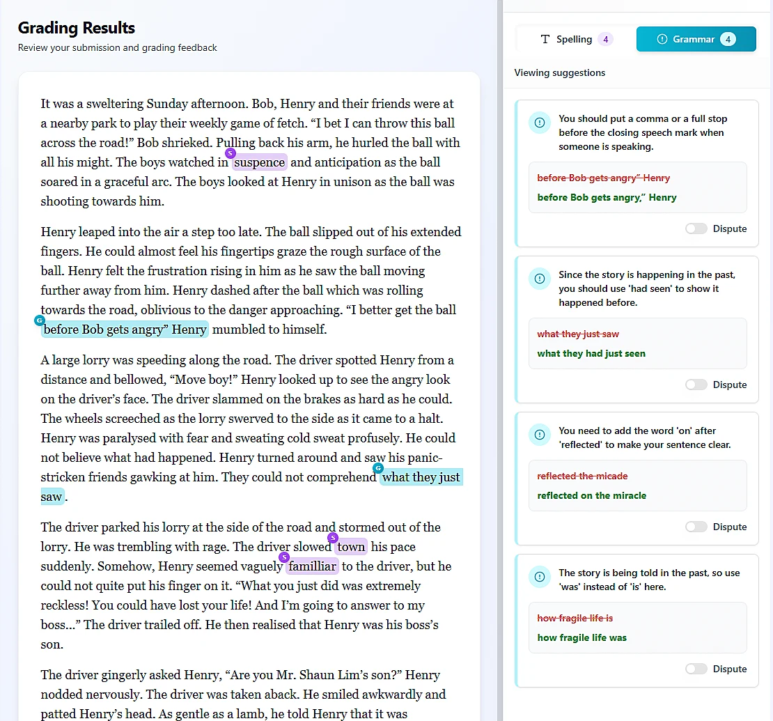 Classpilot grading an English essay with inline highlights and a review panel
